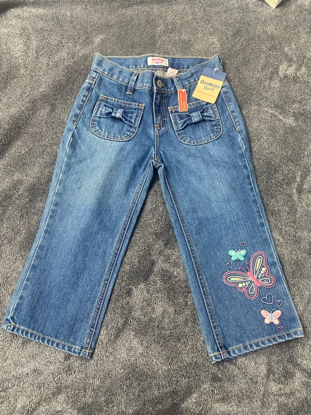 NWT OshKosh B'gosh Girls Butterfly Embroidered Denim Capris Bow Pockets Y2K SZ 8